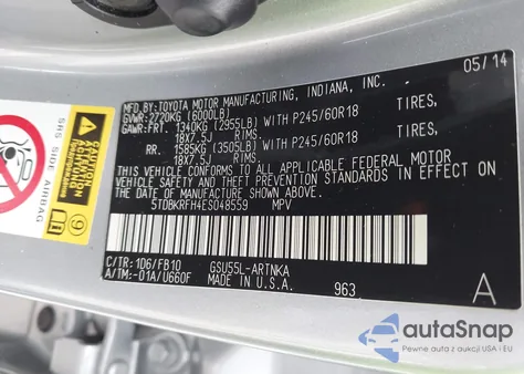 2014 Toyota Highlander Le V6 z USA, uszkodzony, nr VIN 5TDBKRFH4ES048559